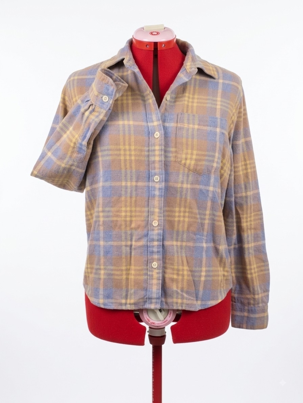 Madewell Oversized Boyfriend Plaid Flannel Button Down Shirt Top Tan Blue XS - Picture 5 of 6